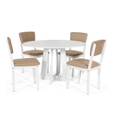 Mesa De Jantar Redonda Montreal Branca Com 4 Cadeiras Estofadas Ella Branco/marrom Claro