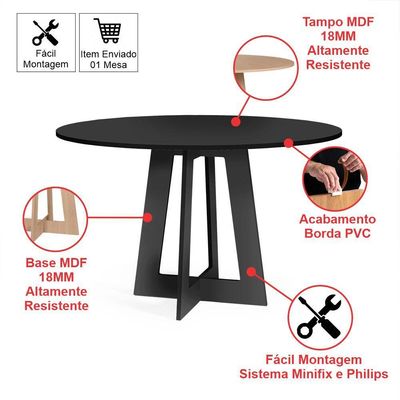 Mesa De Jantar Redonda Montreal Preta Com 4 Cadeiras Estofadas Ella Preto/cinza
