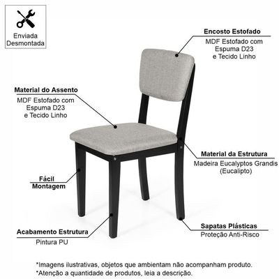 Mesa De Jantar Redonda Montreal Preta Com 4 Cadeiras Estofadas Ella Preto/cinza Claro