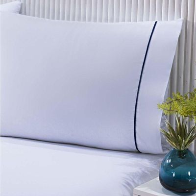 Jogo De Cama 100% Algodão Percal 150 Fios Solteiro Gran Moratta 2 Peças - Branco E Detalhe Azul