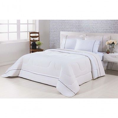 Kit Edredom 100% Algodão Percal 150 Fios Dupla Face Solteiro Jogo De Cama 5 Peças - Palha-branco