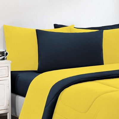 Kit Edredom + Jogo De Lençol Malha 100% Algodão Gran Moratta 6 Peças Casal - Amarelo-azul Marinho