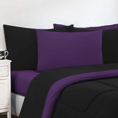 Kit Edredom + Jogo De Lençol Malha 100% Algodão Gran Moratta 6 Peças Casal - Preto-roxo