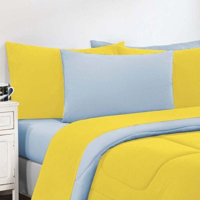 Kit Edredom + Jogo De Lençol Malha 100% Algodão Gran Moratta 6 Peças Casal - Amarelo-azul Bebê