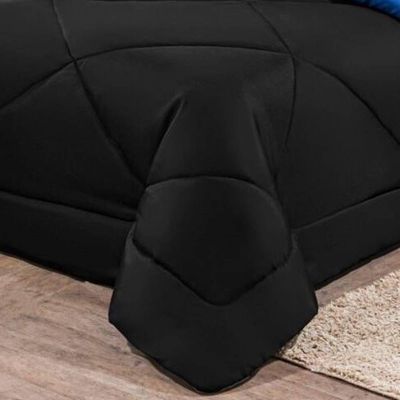 Kit Edredom + Jogo De Lençol Aconchego Look House Dupla Face Casal King 06 Peças - Preto E Azul