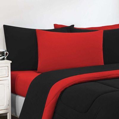 Kit Edredom + Jogo De Lençol Malha 100% Algodão Gran Moratta 6 Peças Casal - Preto-vermelho