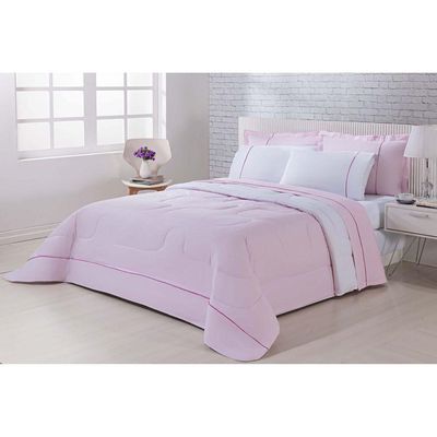 Edredom 100% Algodão Percal 150 Fios Dupla Face Queen Gran Moratta 1 Peça - Rosa-branco
