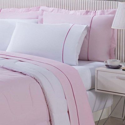 Edredom 100% Algodão Percal 150 Fios Dupla Face Queen Gran Moratta 1 Peça - Rosa-branco