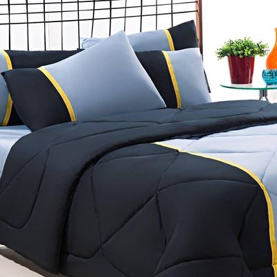 Enxoval Edredom + Jogo De Cama Queen Aconchego Premium 06 Peças - Preto- Cinza
