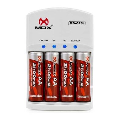Carregador de Pilhas e Baterias com 4 Pilhas Aa 2600 Mah Mox