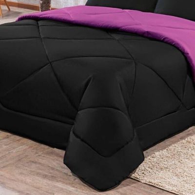 Kit Edredom + Jogo De Lençol Aconchego Look House Dupla Face Casal King 06 Peças - Preto E Roxo