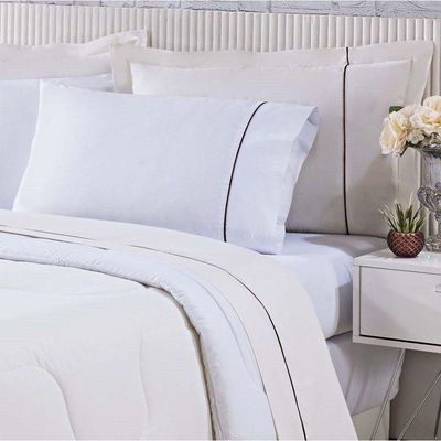 Kit Edredom 100% Algodão Percal 150 Fios Dupla Face QueenJogo De Cama 7 Peças - Palha-branco