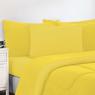 Kit Edredom + Jogo De Lençol Malha 100% Algodão Gran Moratta 6 Peças Casal - Amarelo-amarelo