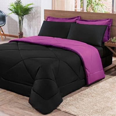 Kit Edredom + Jogo De Lençol Aconchego Look House Dupla Face Casal Queen 06 Peças - Preto- Roxo