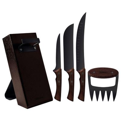 Kit Para Churrasco Churrasco Black Com Lâminas De Aço Inox Escurecido E Cabos De Madeira