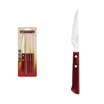 "Conjunto De Facas Para Churrasco 6 Peças 4"" Em Aço Inox Com Cabo Polywood Vermelho"
