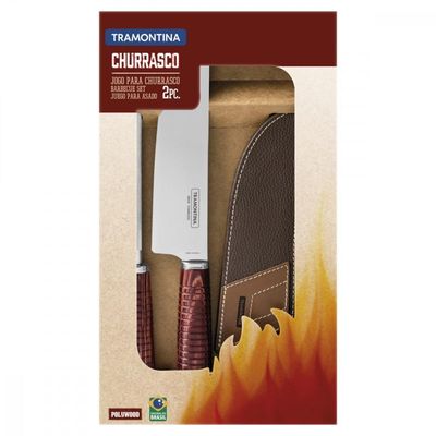 Jogo Para Churrasco Tramontina Em Aço Inox E Cabo Vermelho Polywood Com Bainha De Couro 2 Peças
