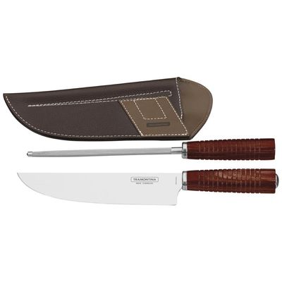 Jogo Para Churrasco Tramontina Em Aço Inox E Cabo Vermelho Polywood Com Bainha De Couro 2 Peças