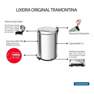 Lixeira Inox Tramontina Brasil Com Pedal Em Aço 5 Litros 94538105