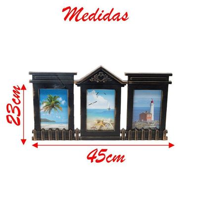 Porta Retrato Quadro De Parede Mural Triplo Preto 23x45cm