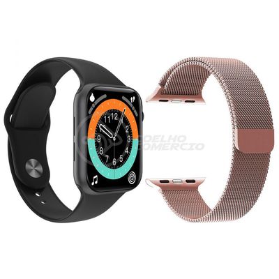 Relógio Inteligente Smartwatch X16 Preto Com Jogos Android Ios + 1 Pulseira Extra Aço Milanese Rosa