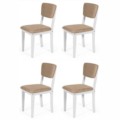 Conjunto 4 Cadeiras De Jantar Estofada Em Madeira Maciça Ella Branco/marrom Claro