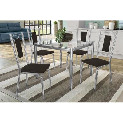 Kit Mesa Reno C- Tampo de Vidro 90cm + 4 Cadeiras Florença Cromada Assento Preto