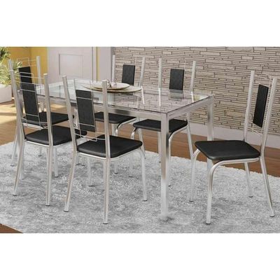 Kit Mesa Reno C- Tampo de Vidro 150cm + 6 Cadeiras Florença Cromada Assento Preto