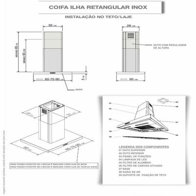 Coifa Ilha Retangular 60Cm 3 Velocidades Inox Inox 220V 220v