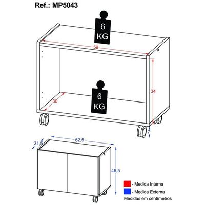 Gabinete Armário De Banheiro 62,5cm Com Rodízios 2 Portas Multimóveis Mp5043 Branco Branco