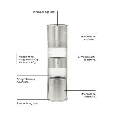Kit - Faqueiro Plenus 6 Peças + 1 Moedor De Sal Ou Pimenta Duplo Em Acrílico E Inox - Tramontina