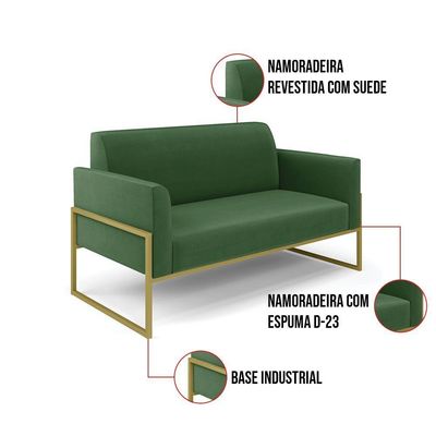 Sofá Namoradeira Com Poltrona Base Industrial Alta Dourado Marisa Suede D03 - D\'rossi Cor Verde