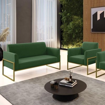 Sofá Namoradeira Com Poltrona Base Industrial Alta Dourado Marisa Suede D03 - D\'rossi Cor Verde