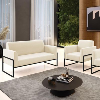 Sofá Namoradeira Com Poltrona Base Industrial Alta Preto Marisa Veludo D03 - D\'rossi Cor Bege