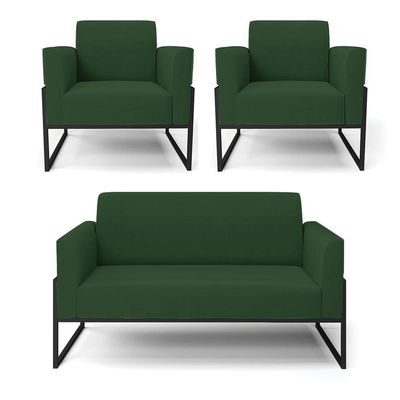 Sofá Namoradeira Com 2 Poltronas Base Industrial Alta Preto Marisa Veludo Verde D03 - D\'rossi