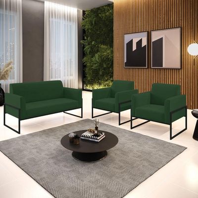 Sofá Namoradeira Com 2 Poltronas Base Industrial Alta Preto Marisa Veludo Verde D03 - D\'rossi