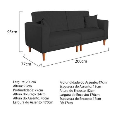 Sofá 03 Lugares Living Ponza Sintético Cor Preto