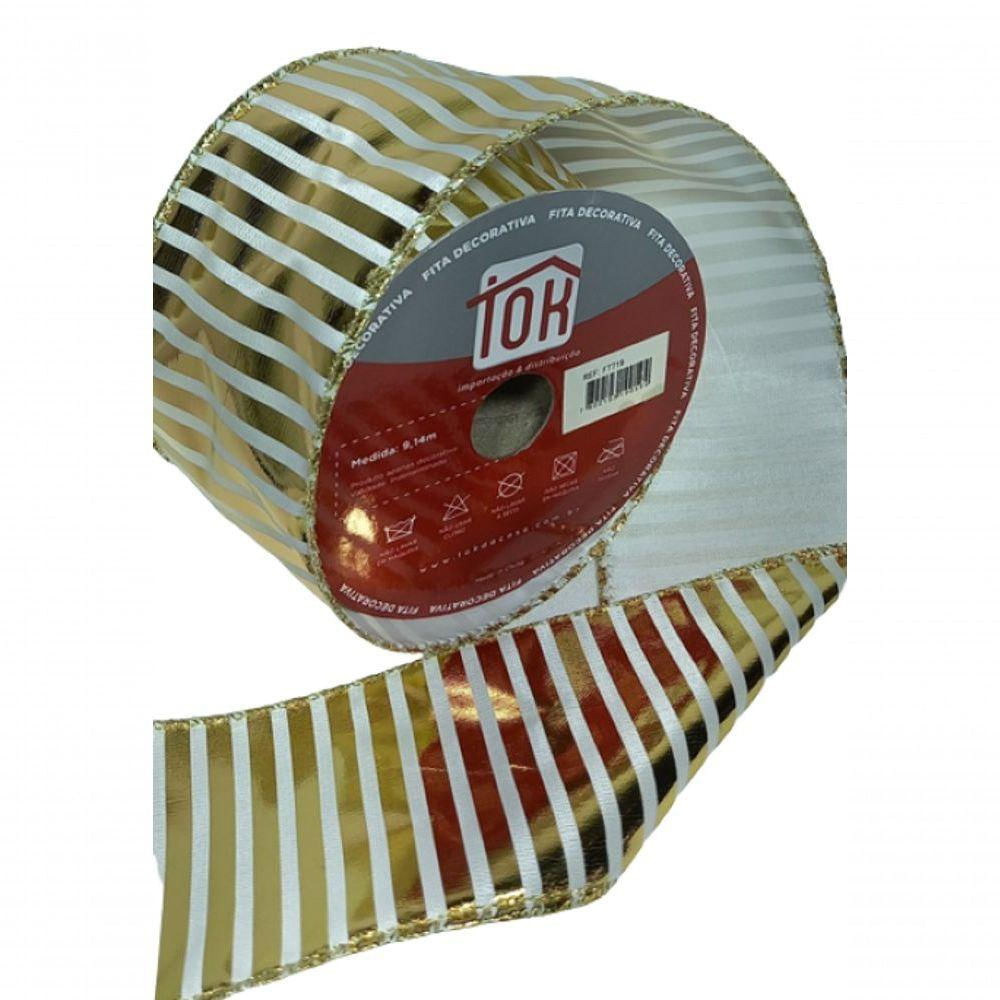 Fita Decorativa Dourada E Branca De Listras Ft719