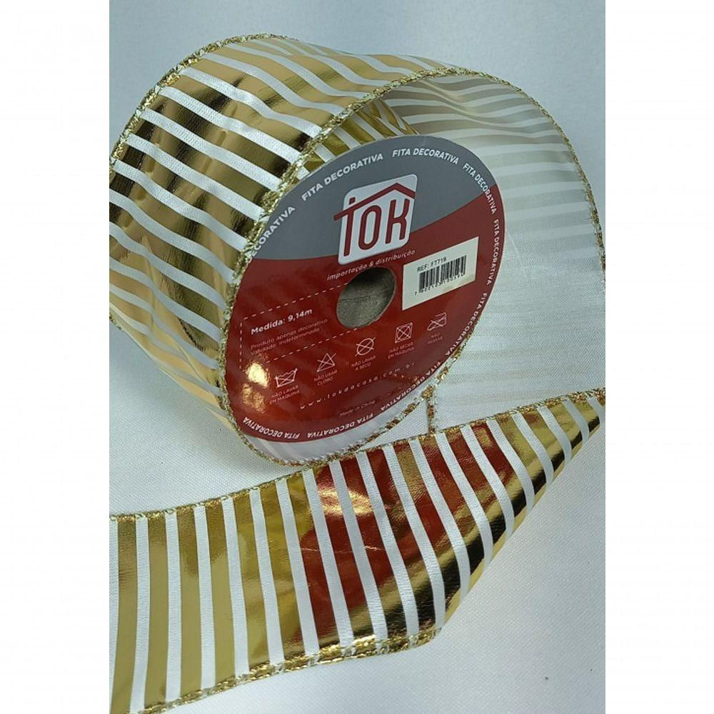 Fita Decorativa Dourada E Branca De Listras Ft719