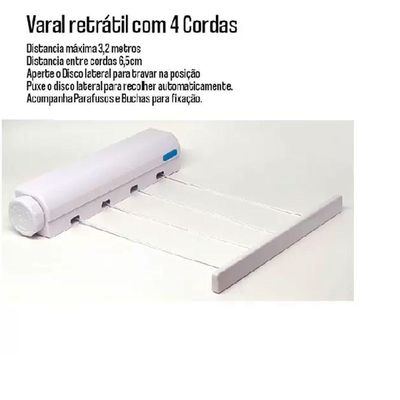 Varal Retrátil Automático Com 4 Cordas Ajustável