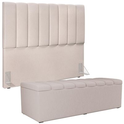 Kit Cabeceira Casal 140cm E Calçadeira Recamier Baú Cru