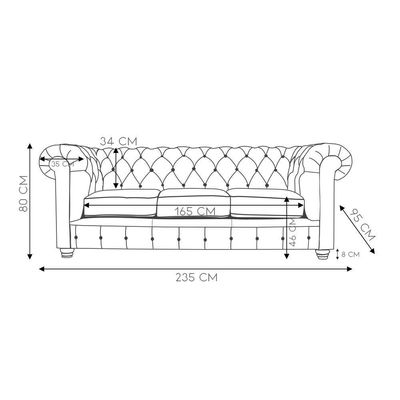 Sofá 3 Lugares Sala De Estar 235cm Chesterfield Pés Madeira