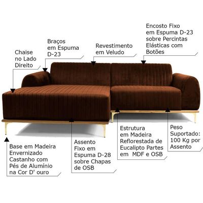 Sofá 3 Lugares com Chaise Base de Madeira Euro 230 Cm Telha