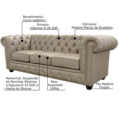 Sofá 3 Lugares Sala De Estar 235cm Chesterfield Pés Madeira