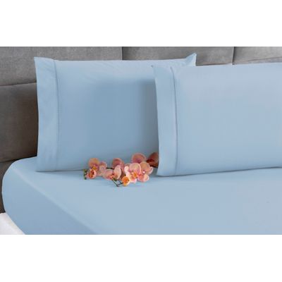 Jogo Lençol Percal 200 Fios Ponto Palito Cama Queen 3pçs Azul
