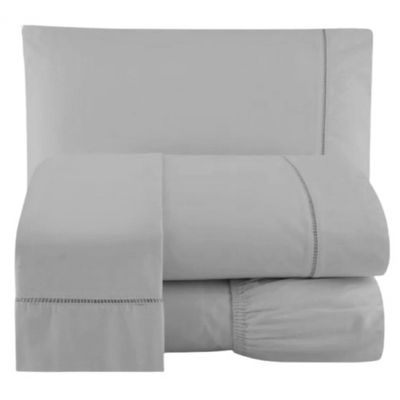 Jogo Lençol Percal 200 Fios Ponto Palito Cama Casal 4pçs Cinza