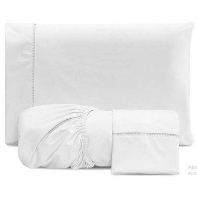 Jogo Cama Ponto Palito 200 Fios Casal Queen 03 Peças Branco