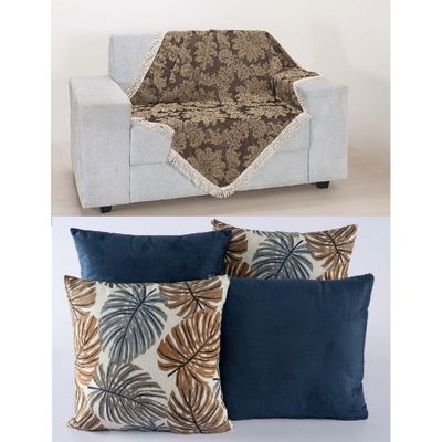 Manta Sofá Xale Decorativo 1,50mx1.50 + 4 almofadas cheias Cáqui/Azul