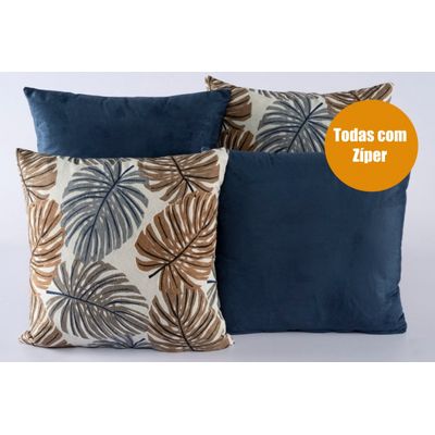 Manta Sofá Xale Decorativo 1,50mx1.50 + 4 almofadas cheias Cáqui/Azul