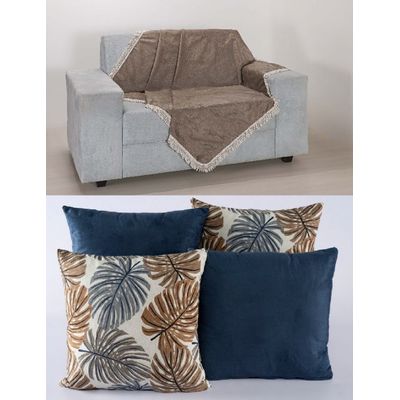 Kit 4 Capas de Almofadas Lindas Quarto Sala Sofá com Xale Cáqui/Azul